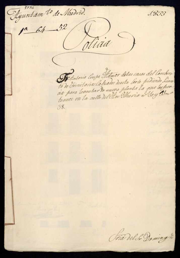 Miniatura de Ray Antonio Crespo, administrador de las casas del convento de Trinitarios calzados de esta corte pidiendo licencia para levantar de nueva planta la que les pertenece en la calle del Ave María, número 10 y 11, manzana 38