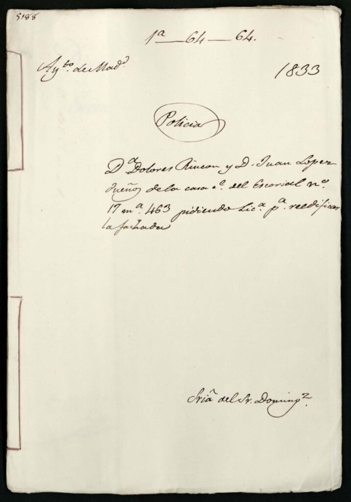 Miniatura de Doña Dolores Rincón y don Juan López dueños de la casa de la calle del Escorial, 17, manzana 463 pidiendo licencia para reedificar la fachada.