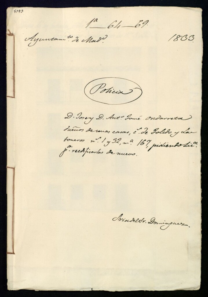Miniatura de Don José y Don Antonio Tomé Ondarreta dueños de unas casas en la calle de Toledo y Latoneros, 1 y 32, manzana 167, pidiendo licencia para reedificarla de nuevo