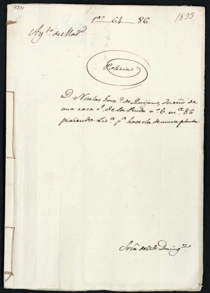 Miniatura de Don Nicolás González de Quijano, dueño de una casa en la calle de la Ruda, 6, manzana 86, pidiendo licencia para hacrla de nueva planta.