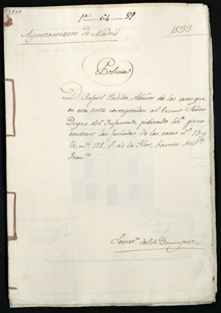 Miniatura de Don Rafael Padilla, Administrador de las casas que en esta corte corresponden al Excmo Señor Duque del Infantado, pidiendo licencia para construir las fachadas de las casas numeros 13 y 14 manzana 122, calle de la Flor, barrios de San Francisco