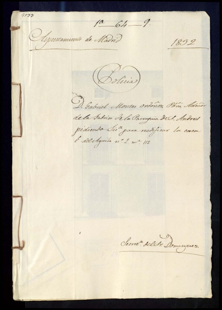 Miniatura de Don Gabriel Montes Ordóñez, presbítero administrador de la fábrica de la Parroquía de San Andrés pidiendo licencia para reedificar la casa de la calle del Águila, 2 manzana 112