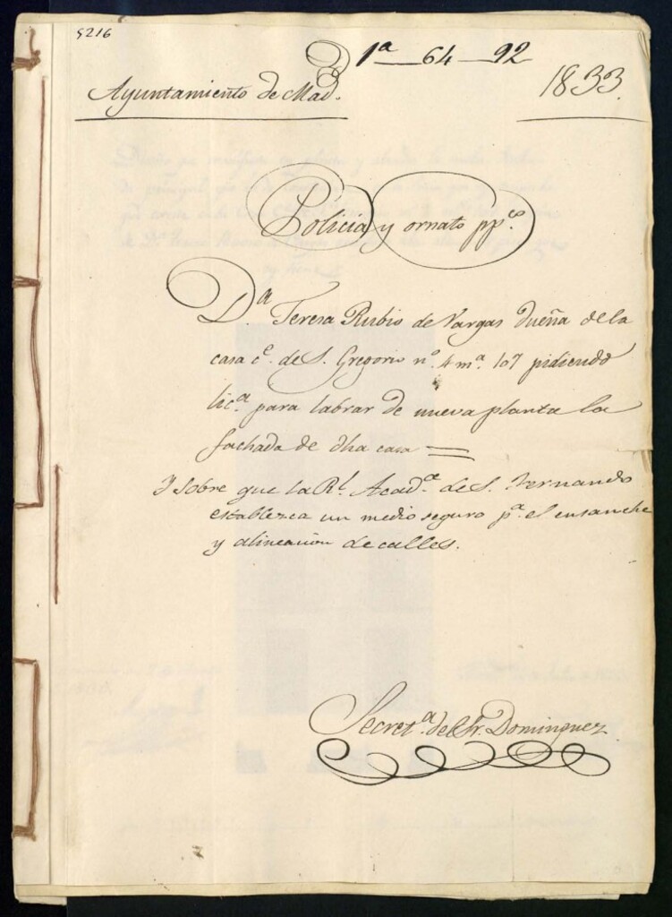 Miniatura de Doña Teresa Rubio de Vargas, dueña de la casa de la calle de San Gregorio número 4, manzana 107 pidiendo licencia para labrar de nueva planta la fachada de dicha casa. Y sobre que la Real Academía de San Fernando establezca un medio seguro para el ensanche y alineación de calles.