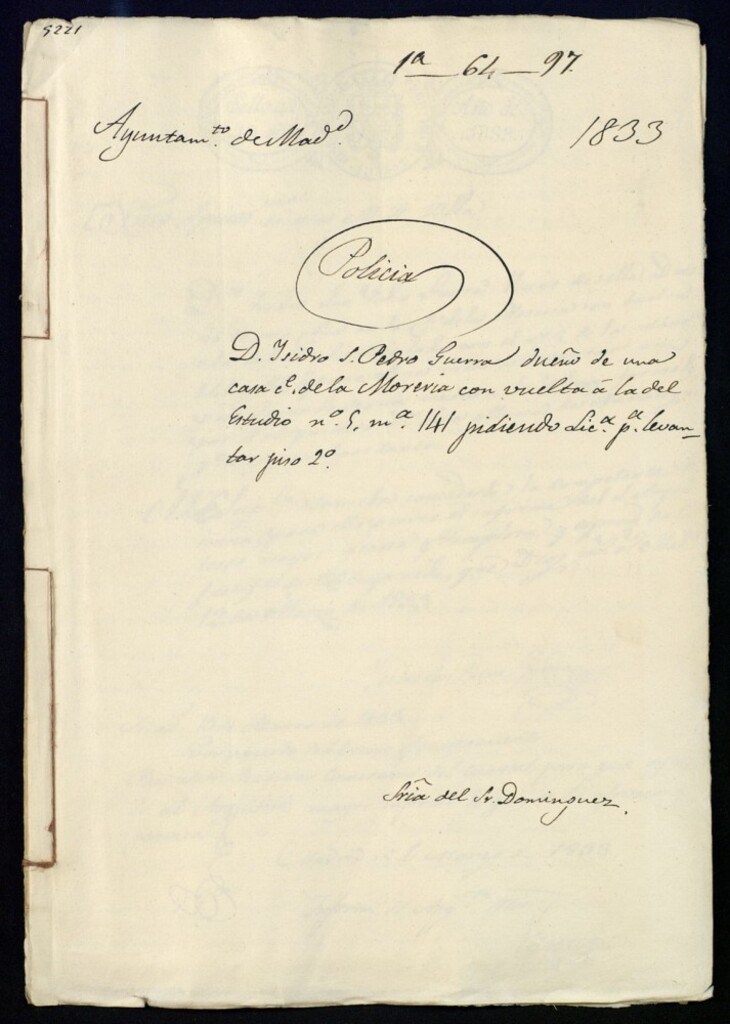 Miniatura de Don Isidro San Pedro Guerra dueño de una casa calle de la Moreria con vuelta a la del Estudio, nº 9 manzana 141 pidiendo licencia para levantar piso 2º