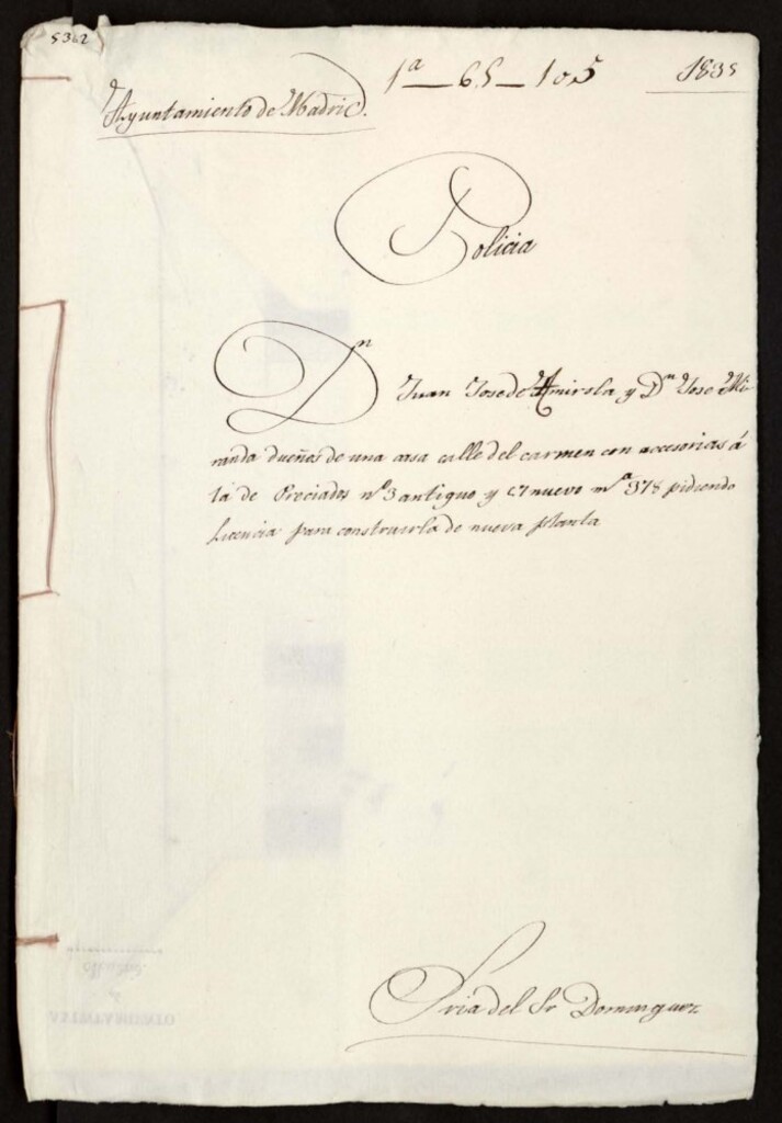 Miniatura de Don Juan José de Aguirola y don José Miranda, dueños de una casa calle del Carmen con accesorias a la de Preciados, 3 antiguo y 57 nuevo, manzana 378, pidiendo licencia para construirla de nueva planta.