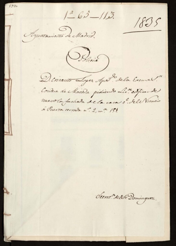Miniatura de Don Crisanto López, apoderado de la señora condesa de Maceda pidiendo licencia para edificar de nuevo la fachada de la casa de la calle del Nuncio a Puerta Cerrada, 2, manzana 151