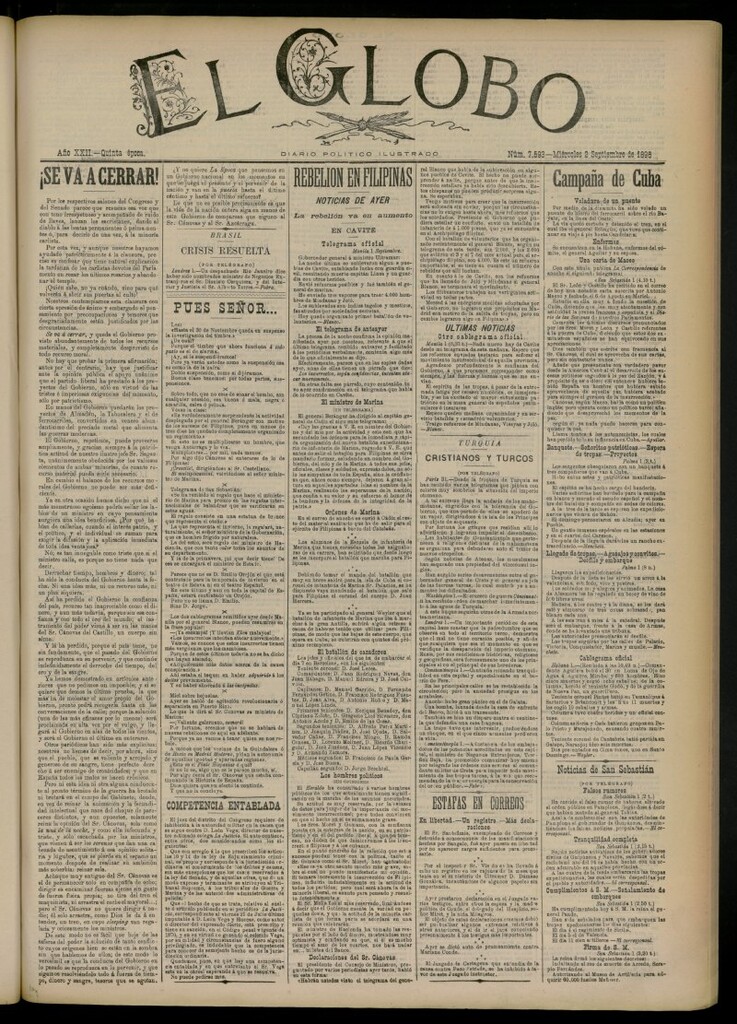 Miniatura de El Globo : diario ilustrado del 2 de septiembre de 1896, nº 7593