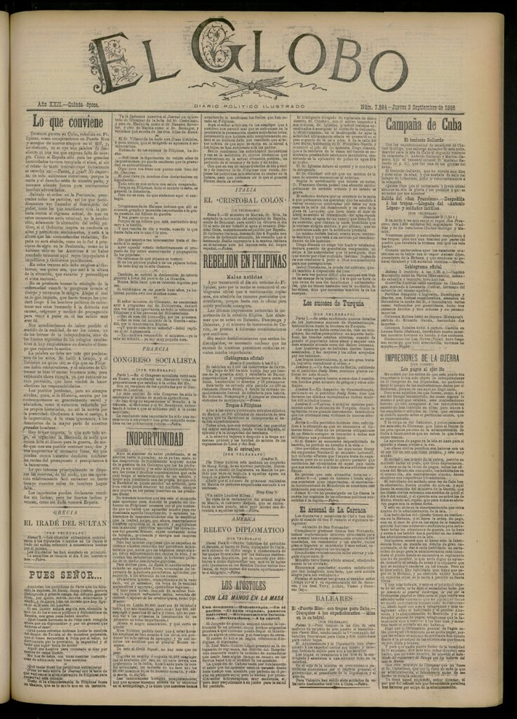 Miniatura de El Globo : diario ilustrado del 3 de septiembre de 1896, nº 7594