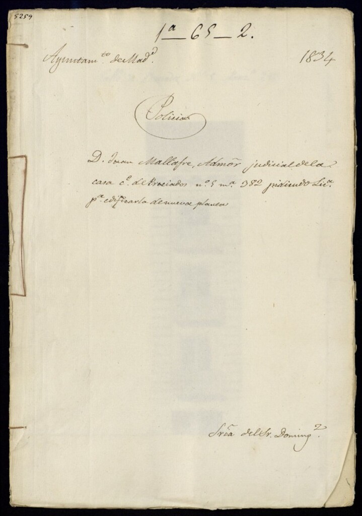 Miniatura de Don Juan Mallafre, administrador judicial de la casa de la calle de Preciados, 5, manzana 382, pidiendo licencia para edificarla de nueva planta.