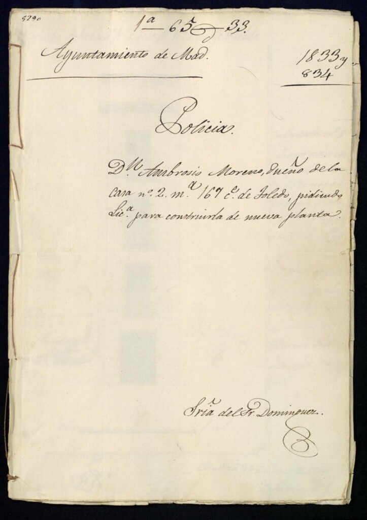 Miniatura de Don Ambrosio Moreno, dueño de la casa número 2, manzana 167, calle de Toledo, pidiendo licencia para construirla de nueva planta.