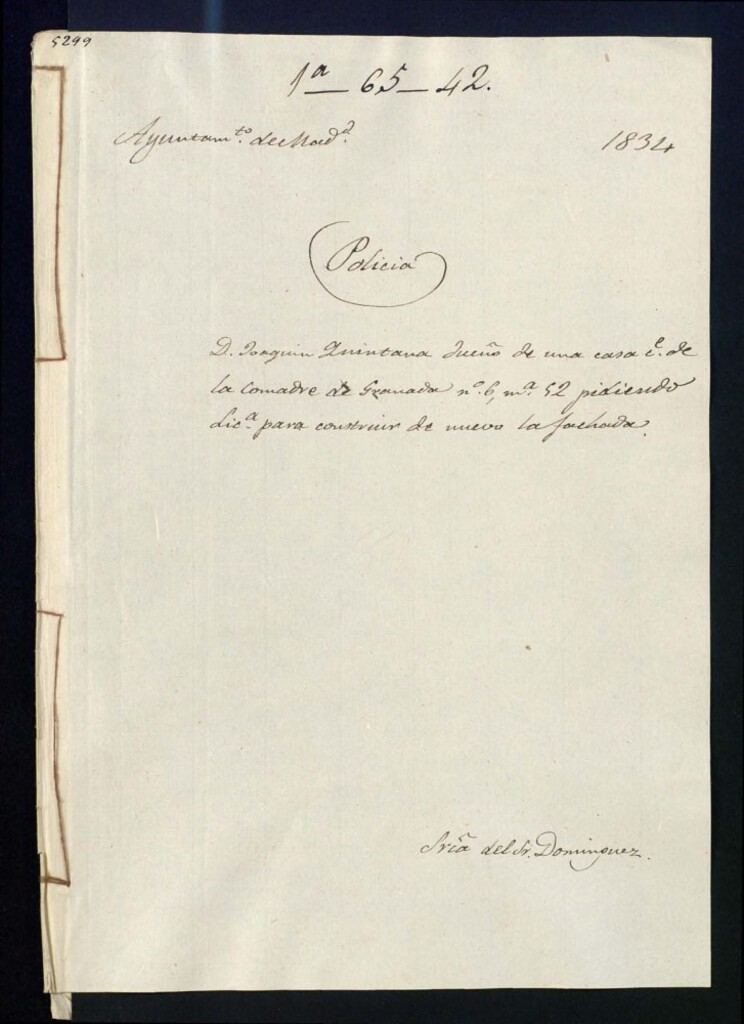 Miniatura de Don Joaquín Quintana dueño de una casa de la calle de la Comadre de Granada, 6, manzana 52, pidiendo licencia para construir de nuevo la fachada.