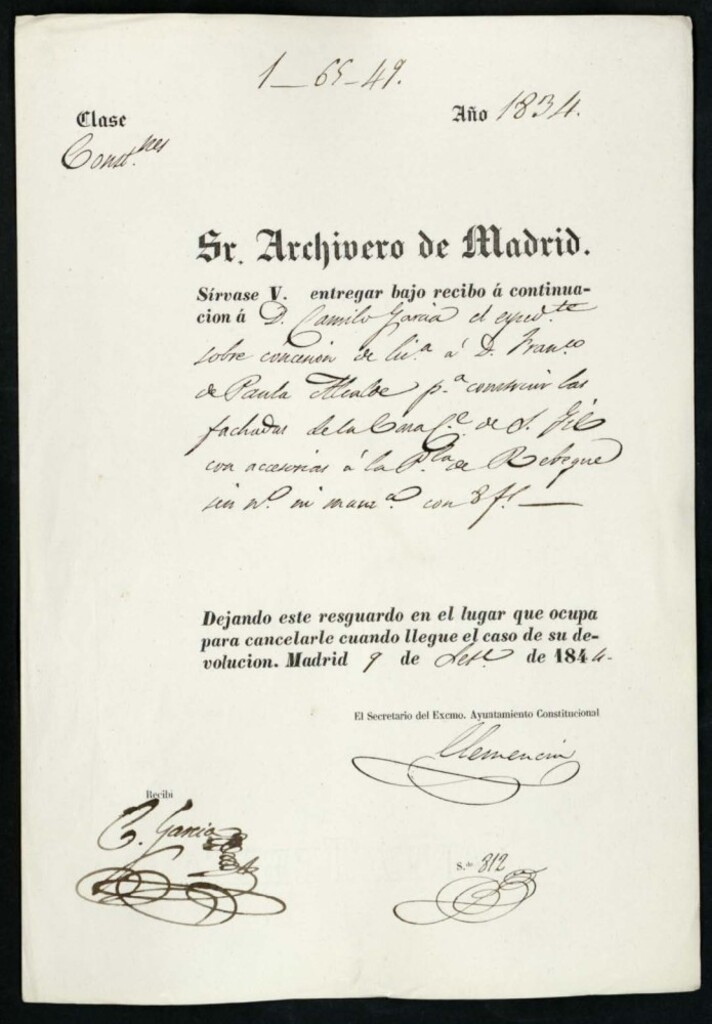 Miniatura de Señor Archivero de Madrid sírvase usted entregar bajo recibo a continuación a don Camilo García, el expediente sobre concesión de licencia a don Francisco de Paula Alcalde para construir las fachadas de la casa de la calle de Antonio Gil con accesorias a la Plaza de de Rebeque sin número ni manzana [sic]