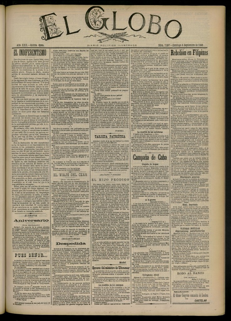 Miniatura de El Globo : diario ilustrado del 7 de septiembre de 1896, nº 7597 [sic]