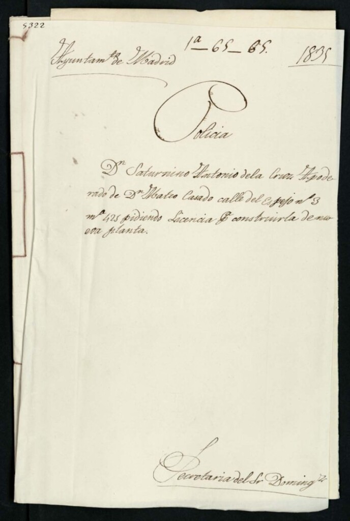Miniatura de Don Saturnino Antonio de la Cruz, apoderado de don Mateo Casado calle del Espejo, número 3, manzana 421 pidiendo licencia para construirla de nueva planta.