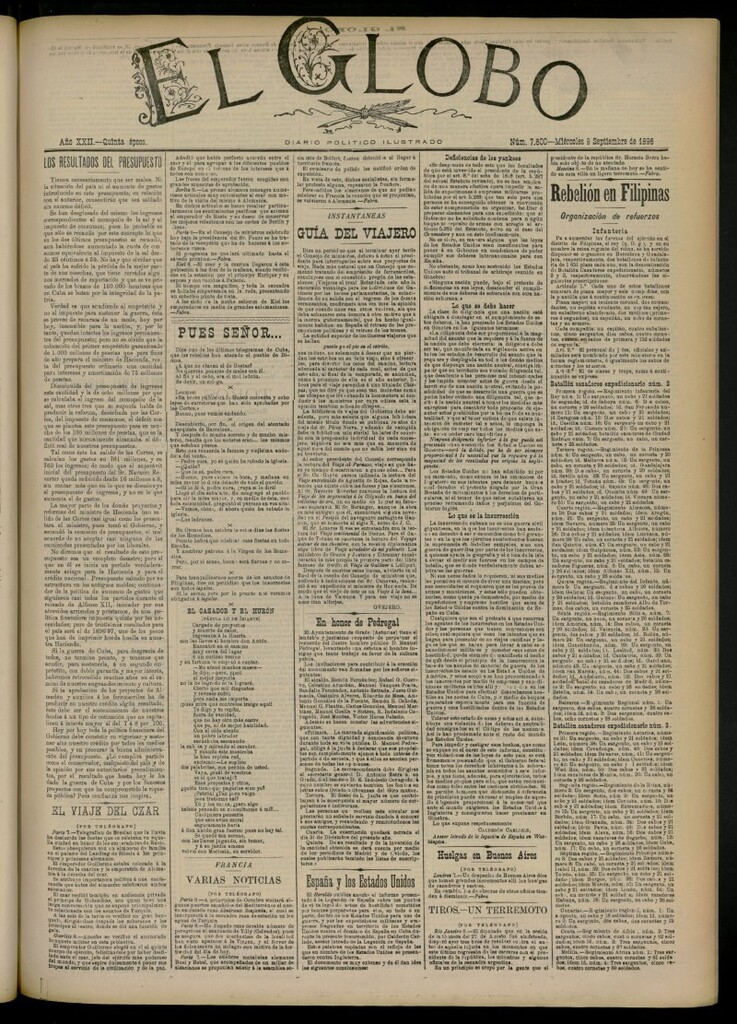 Miniatura de El Globo : diario ilustrado del 9 de septiembre de 1896, nº 7600