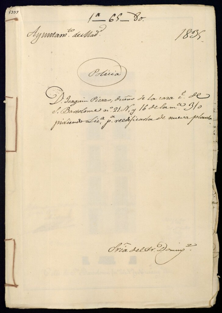 Miniatura de Don Joaquín Picazo, dueño de la casa en la calle de San Bartolomé, 21 y 16 de la manzana 310, pidiendo licencia para reedificarla de nueva planta.