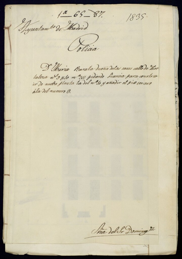 Miniatura de Doña María Barata, dueña de las casas de la calle de Hortaleza, número 9 y 10, de la manzana 311, pidiendo licencia para construir de nueva planta la del número 10 y añadir el piso tercero a la del número 9