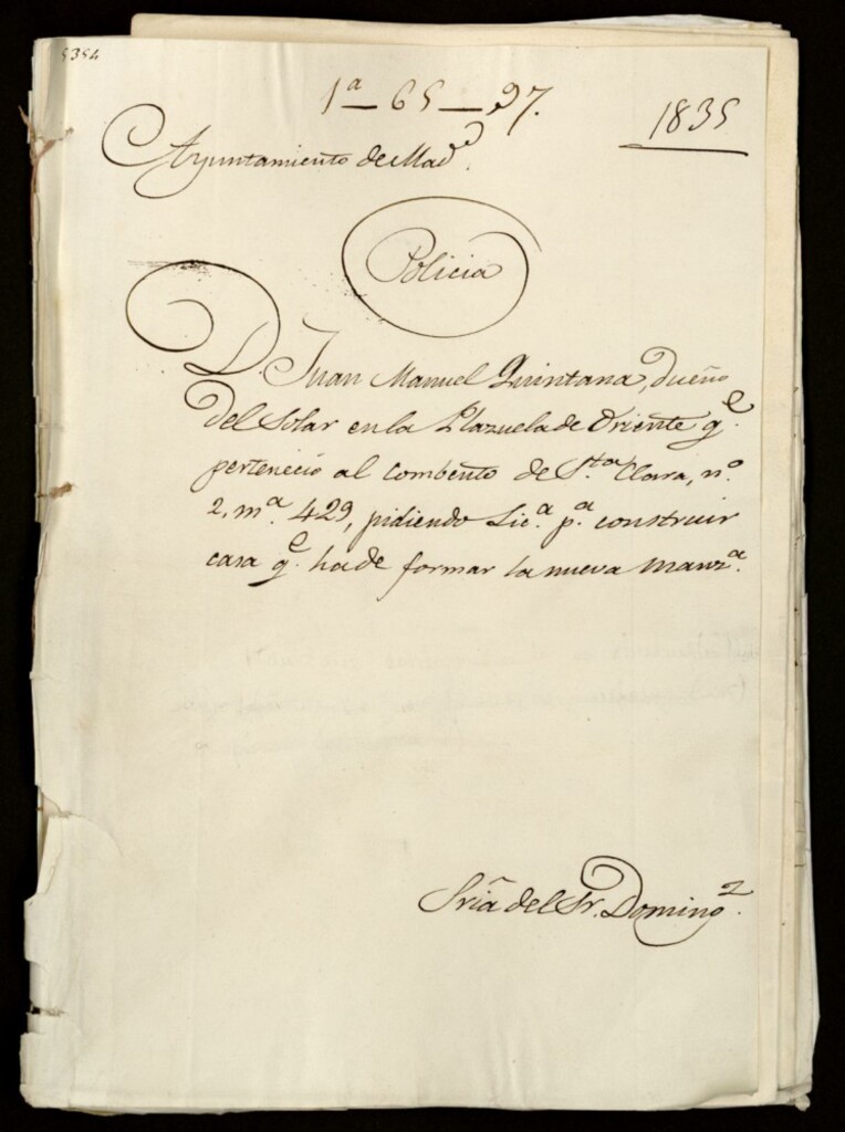 Miniatura de Don Juan Manuel Quintana, dueño del solar en la Plazuela de Oriente que perteneció al convento de Santa Clara, 2, manzana 429, pidiendo licencia para construir casa que a de formar la nueva manzana