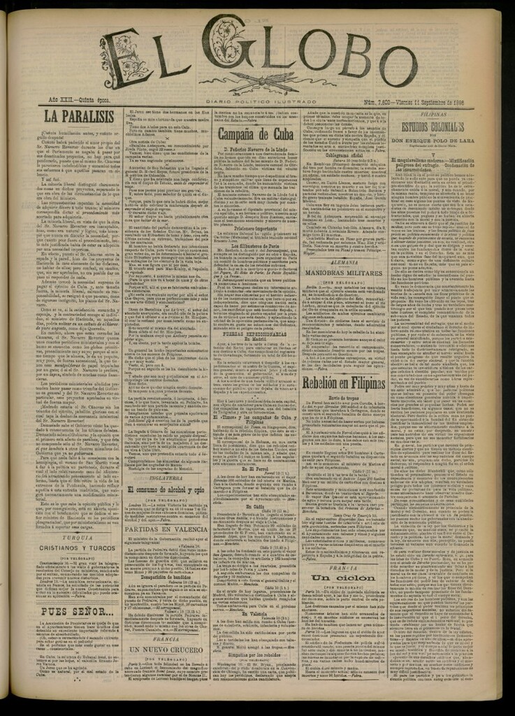 Miniatura de El Globo : diario ilustrado del 11 de septiembre de 1896, nº 7602