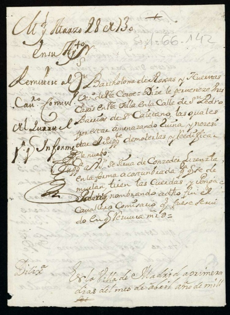 Miniatura de Licencia a Don Bartolomé de Rojas y Huertas para construir una casa en la Calle de la Pasión, hoy San Pedro, barrio de San Cayetano.