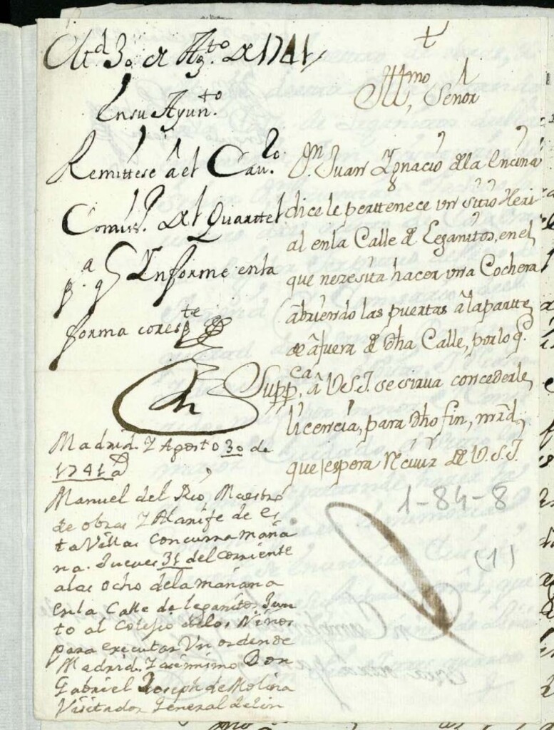 Miniatura de Licencia a Don Juan Ignacio de la Encina para hacer unas cocheras en un sitio erial en la Calle de Leganitos