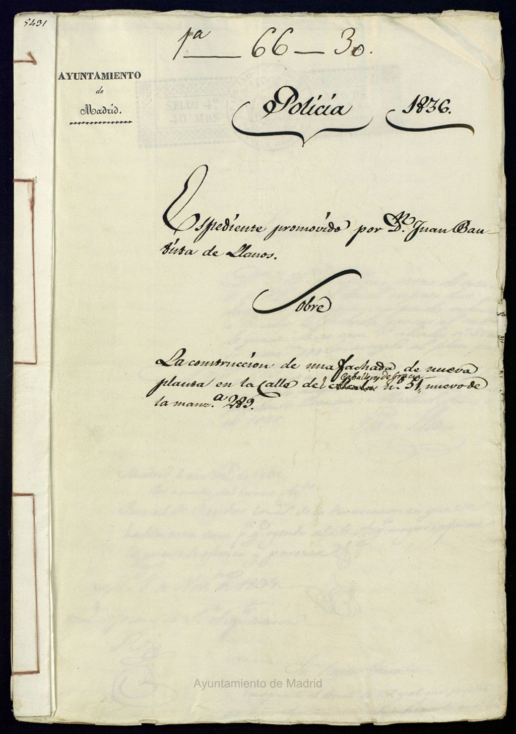Miniatura de Expediente promovido por Don Juan Bautista de Llanos, sobre la construcción de una fachada de nueva planta en la calle del Caballero de Gracia nº 51, nueva manzana 289.