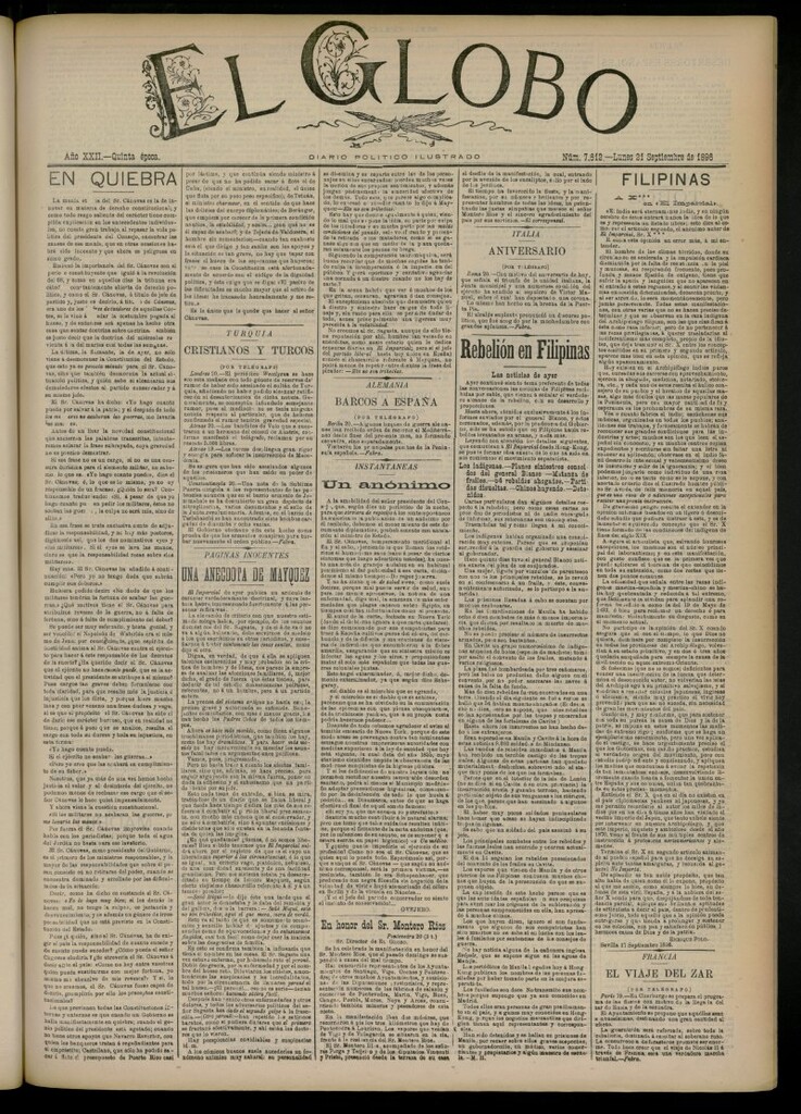 Miniatura de El Globo : diario ilustrado del 21 de septiembre de 1896, nº 7612