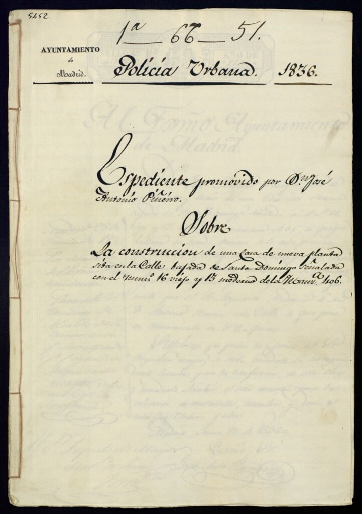 Miniatura de Expediente promovido por don José Antonio Piñero, sobre la construcción de una casa de nueva planta sita en la calle bajada de Santo Domingo señalada con el número 16 viejo y 13 moderno de la manzana 406