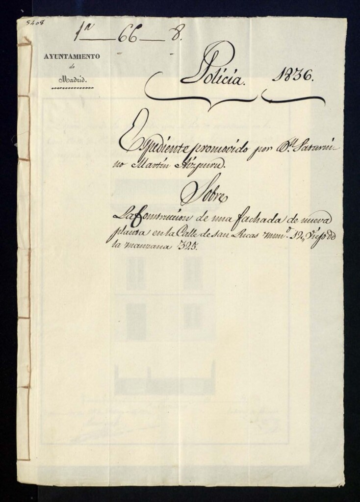 Miniatura de Expediente promovido por don Saturnino Martín Aizpuru, sobre la construcción de una fachada de nueva planta en la calle de San Lucas, 12, viejo de la manzana 325