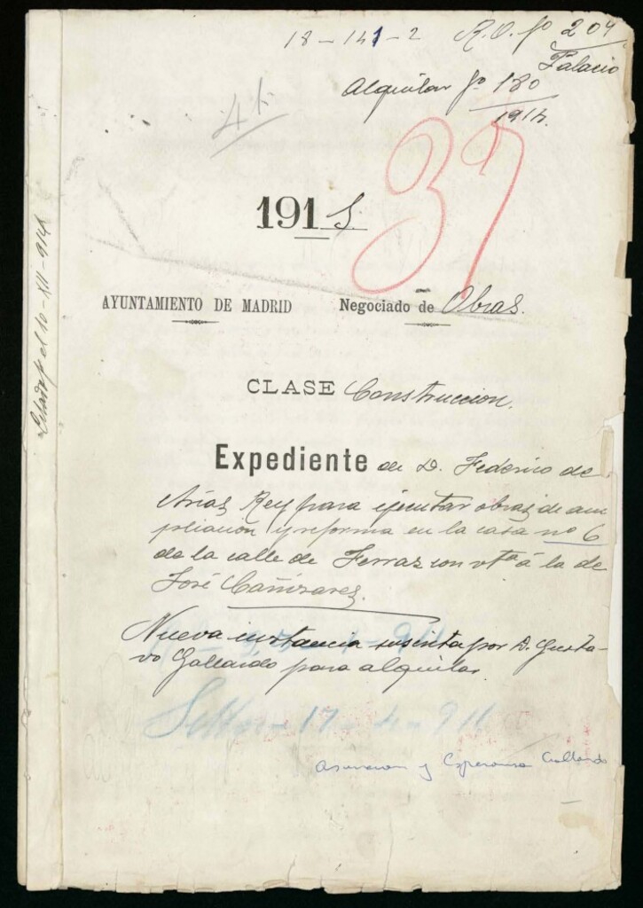 Miniatura de Expediente de Don Federico de Arias Rey para ejecutrar obras de ampliación y reforma en la casa nº 6 de la Calle de Ferraz con vuelta a la de José Cañizares.