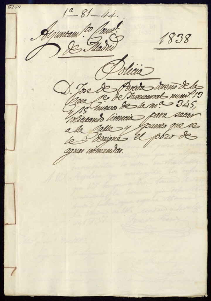 Miniatura de Don José de Pereda, dueño de la casa de la Calle de Fuencarral, 13 y 15 nuevos, de la manzana 345, solicitando licencia para sacar a la calle y punto que se le desine el pozo de aguas inmundas