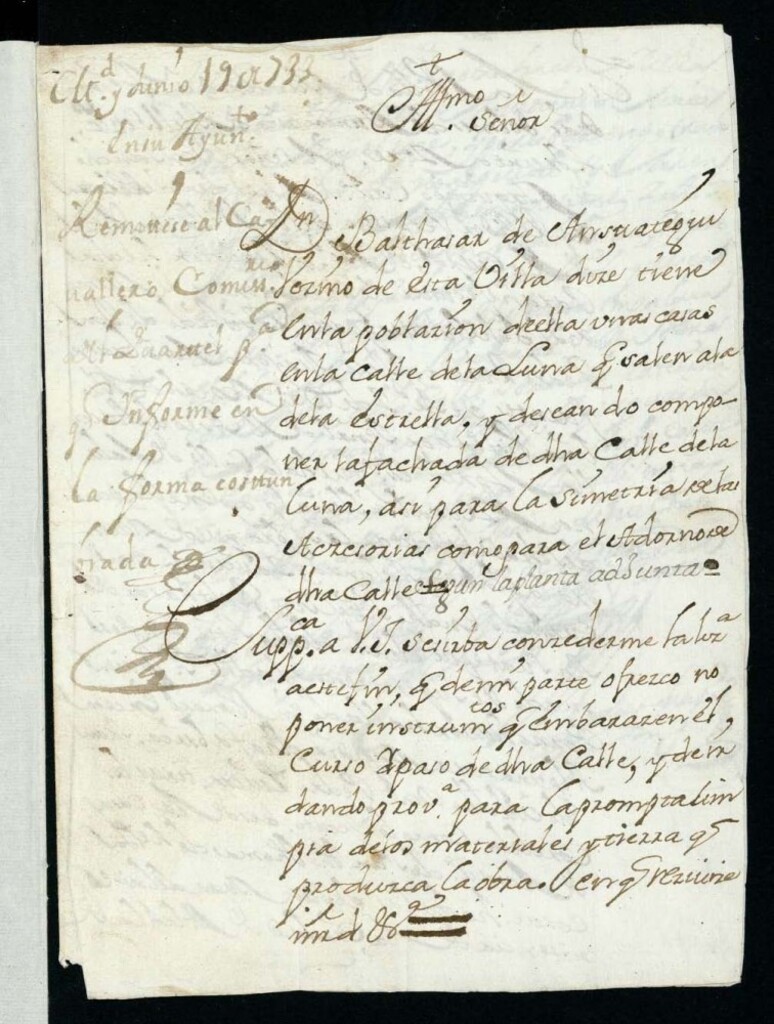 Miniatura de Licencia a Don Baltasar Ansuategui, pidiendo la reedificiación de la fachada de su casa Calle de la Luna, y sale a la de la Estrella