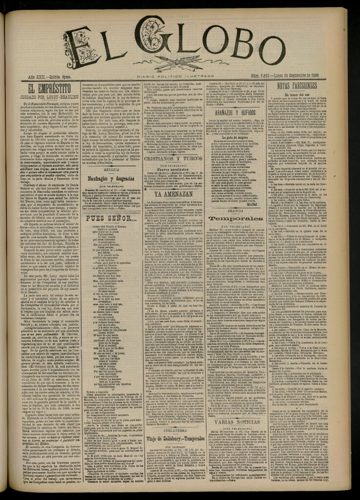 Miniatura de El Globo : diario ilustrado del 28 de septiembre de 1896, nº 7619
