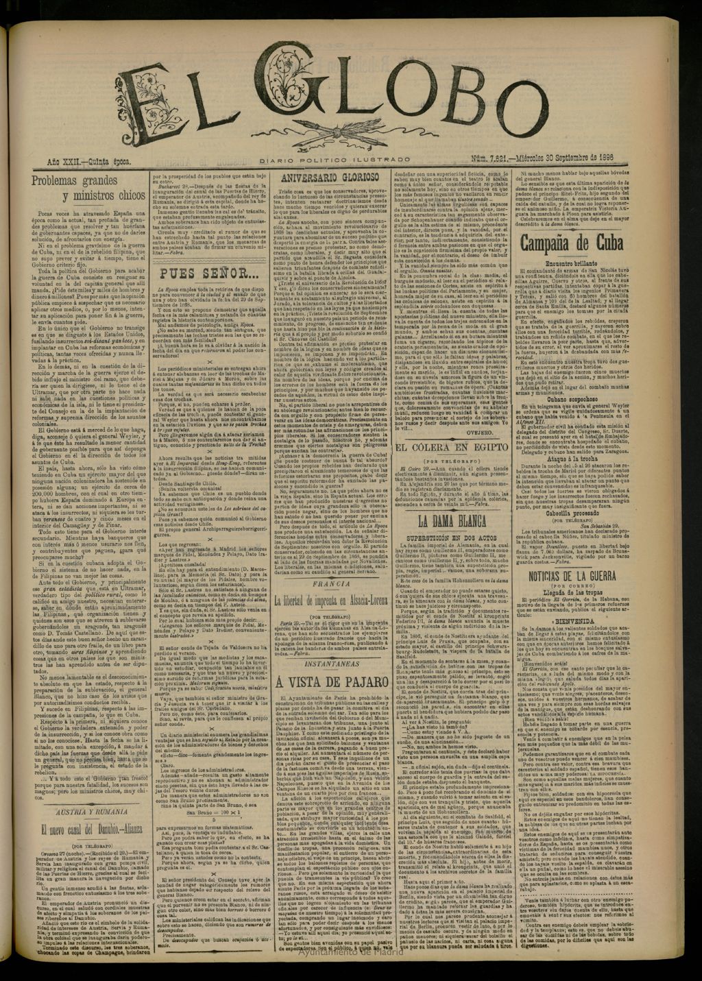 Miniatura de El Globo : diario ilustrado del 30 de septiembre de 1896, nº 7621