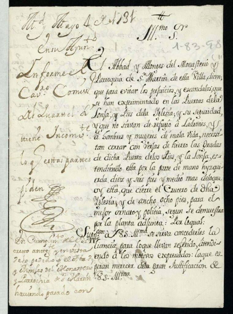 Miniatura de Licencia al Abad y Monjes del Monasterio de San Martín, para colocar unas verjas de hierro en la Puerta de la Lonja y pies de su Iglesia, Plazuela de San Martín