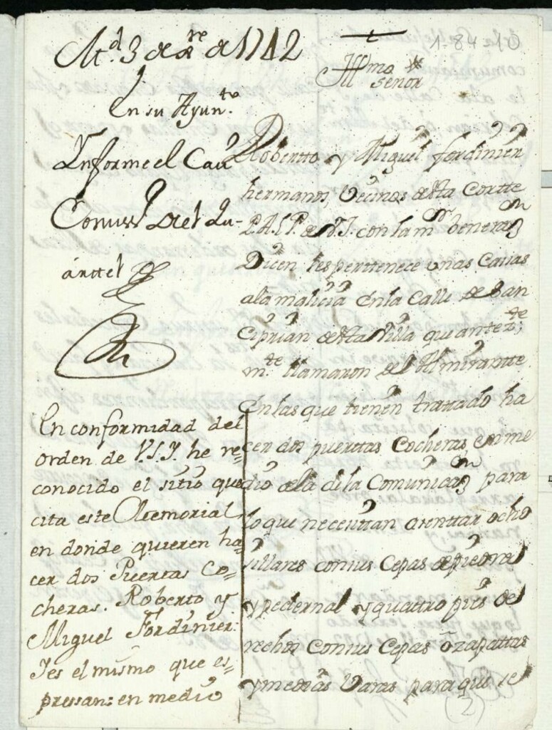 Miniatura de Licencia a Don Benito y Miguel Fordinier para hacer unas cocheras en su casa en las zapaterias de San Gines, Calle hoy San Cipriano.