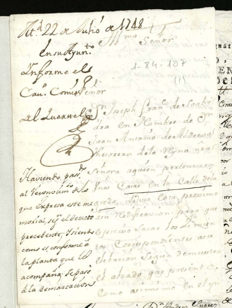 Miniatura de Licencia a Don José Francisco Saavedra a Don Juan Antonio Aldecoa para reedificar una casa en la Calle de la Greda.