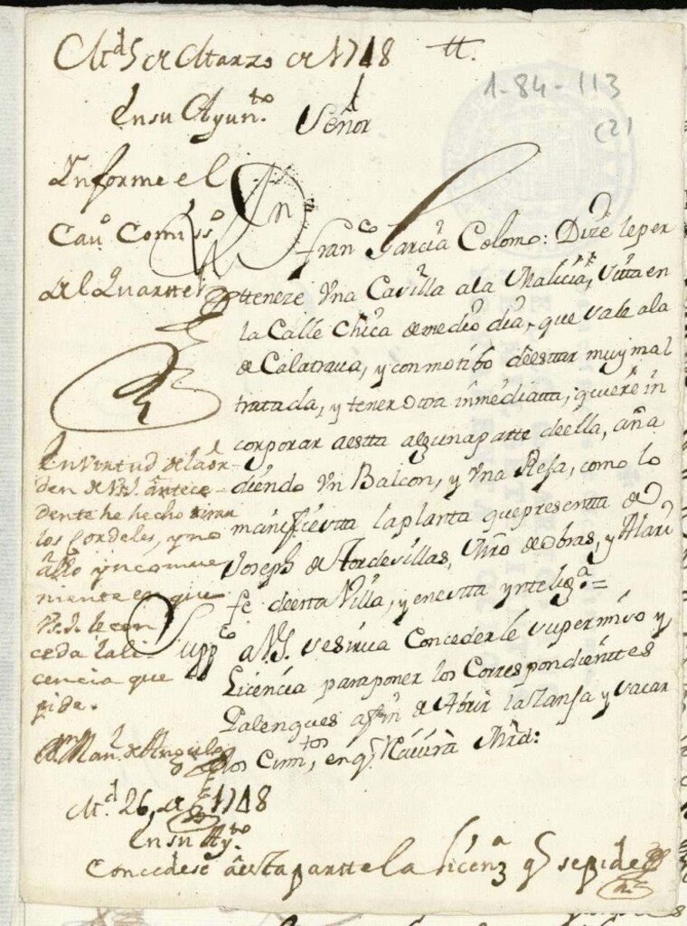 Miniatura de Licencia a Don Francisco García Colomo para reedificar una casilla, y agregarla a otra en la Calle del Medio Día chica y salida a la de Calatrava.