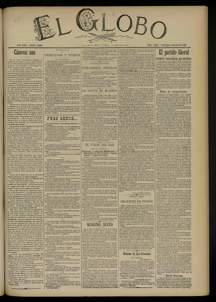 Miniatura de El Globo : diario ilustrado del 4 de octubre de 1896, nº 7625
