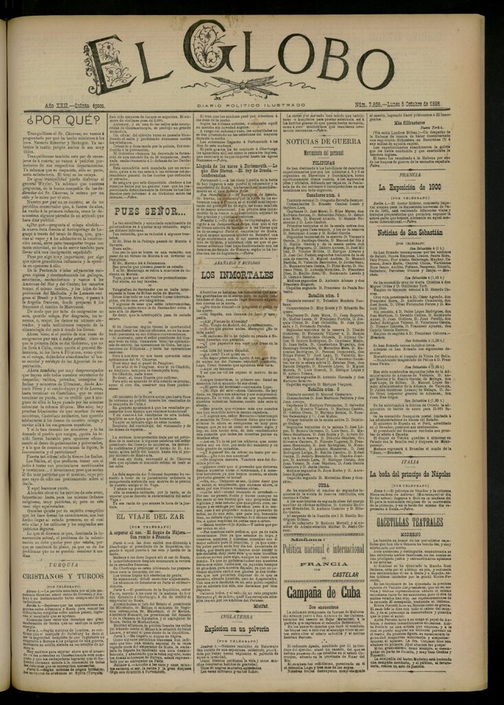 Miniatura de El Globo : diario ilustrado del 5 de octubre de 1896, nº 7626