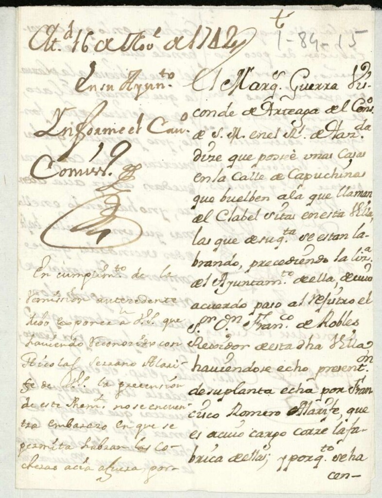Miniatura de Licencia al marqués Guerra Vizconde de Arteaga para colocar puertas cocheras que abrieran para afuera, en la obra que estaba haciendo en la Calle de Capuchinos con vuelta a la del Clavel, Calle hoy Plazuela de Bilvao.