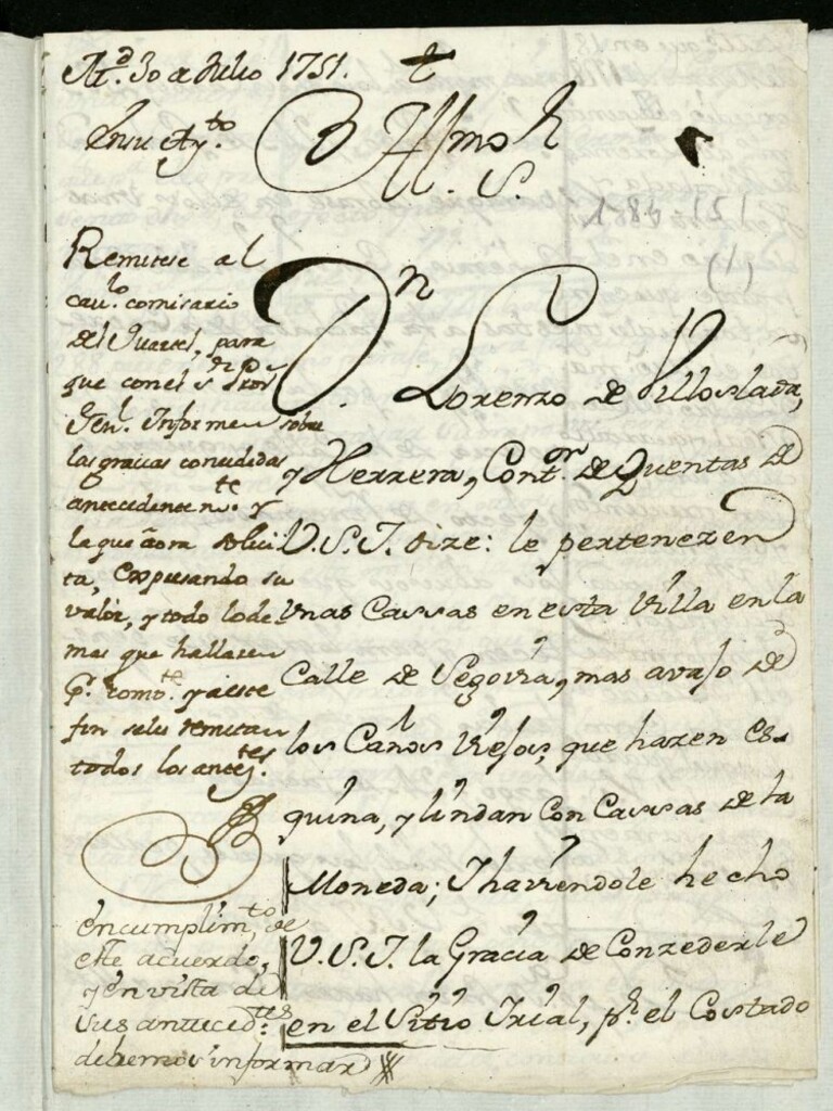 Miniatura de Licencia a Don Lorenzo de Villoslada para sacar la fachada de una cochera a la línea de la casa calle de Segovia.