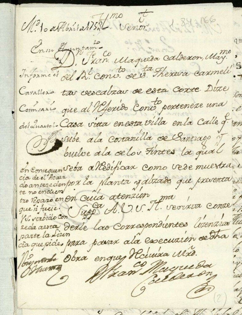 Miniatura de Licencia a Don Francisco Mequeda Calderón, como Mayordomo de las Carmelitas Descalzas para reedificar una casa Costanilla de Santiago a la de los Tintes.