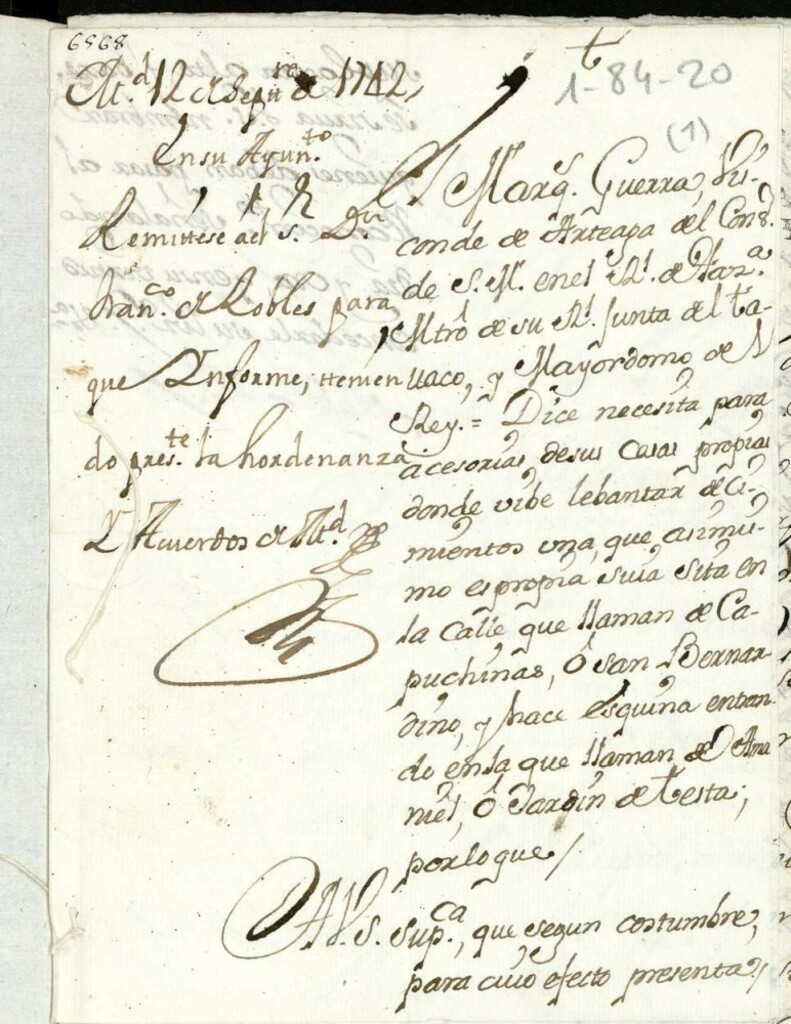 Miniatura de Licencia al marqués Guerra Vizconde de Arteaga para levantar cimientos en su casa Calle de los Capuchinos o San Bernardo, esquina a la de Amaniel, hoy Plazuela de Capuchinos.