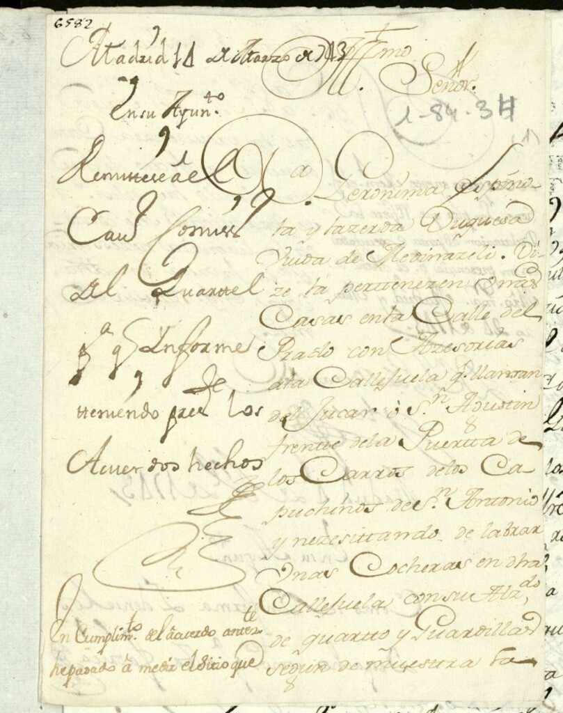 Miniatura de Licencia a la Señora Duquesa Viuda de Medinaceli, para construir una coheras con alzado y buardillas, en la Calle del Prado, accesorias a la Callejuela de Júcar.