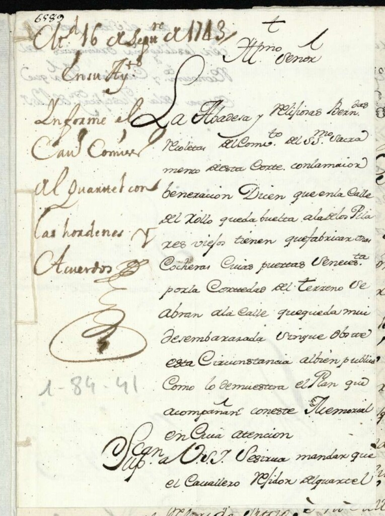 Miniatura de Licencia a la Abadesa y Religiosas Bernardas del Convento del Sacramento, para abrir cocheras en la Calle del Rollo a los Pilares Viejos.