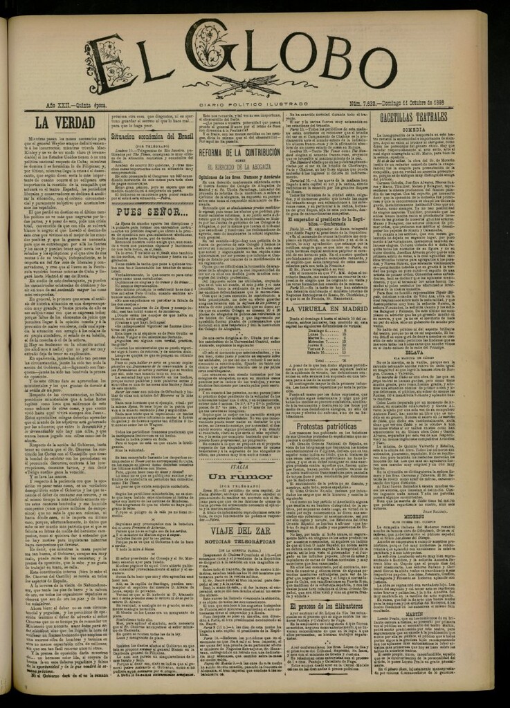 Miniatura de El Globo : diario ilustrado del 11 de octubre de 1896, nº 7632