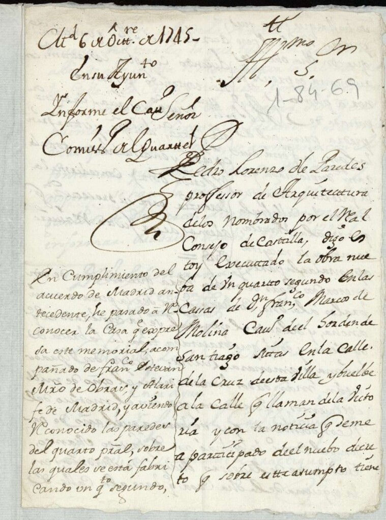 Miniatura de Licencia a Don Pedro Lorenzo de Paredes como encargado de Don Francisco Marcos, para continuar la obra de una casa en la Calle de la Cruz, con vuelta a la de la Victoria.