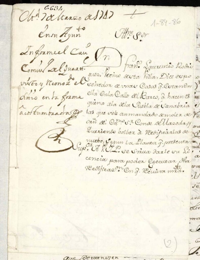 Miniatura de Licencia a Don Francisco Laurencio Rodríguez para reedificar una casa en la Calle del Barco con vuelta a la de la Puebla.