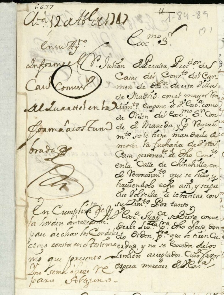Miniatura de Licencia a Don Julián de Peralta, Prior del Convento del Carmen, para reedificar unas casas en la Calle de Chinchilla.